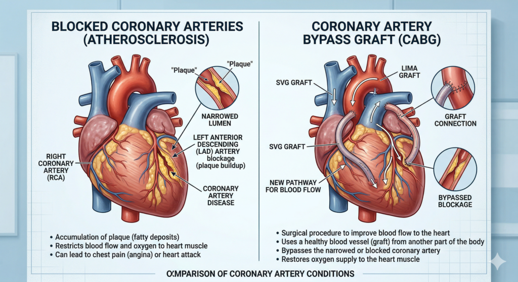 coronary artery blockage and bypass graft diagram heart surgery explanation