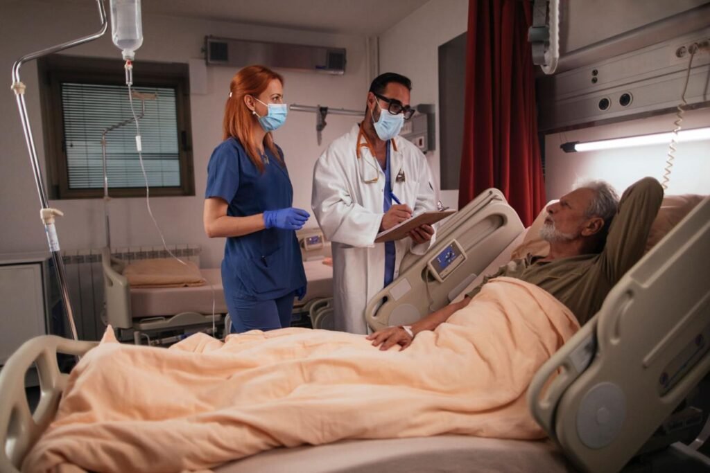 Patient resting during post-operative care abroad recovery period