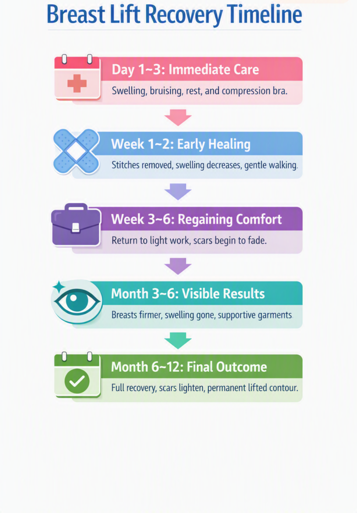 Vertical infographic showing breast lift recovery timeline — stages from immediate care to final outcome with color-coded icons and arrows.