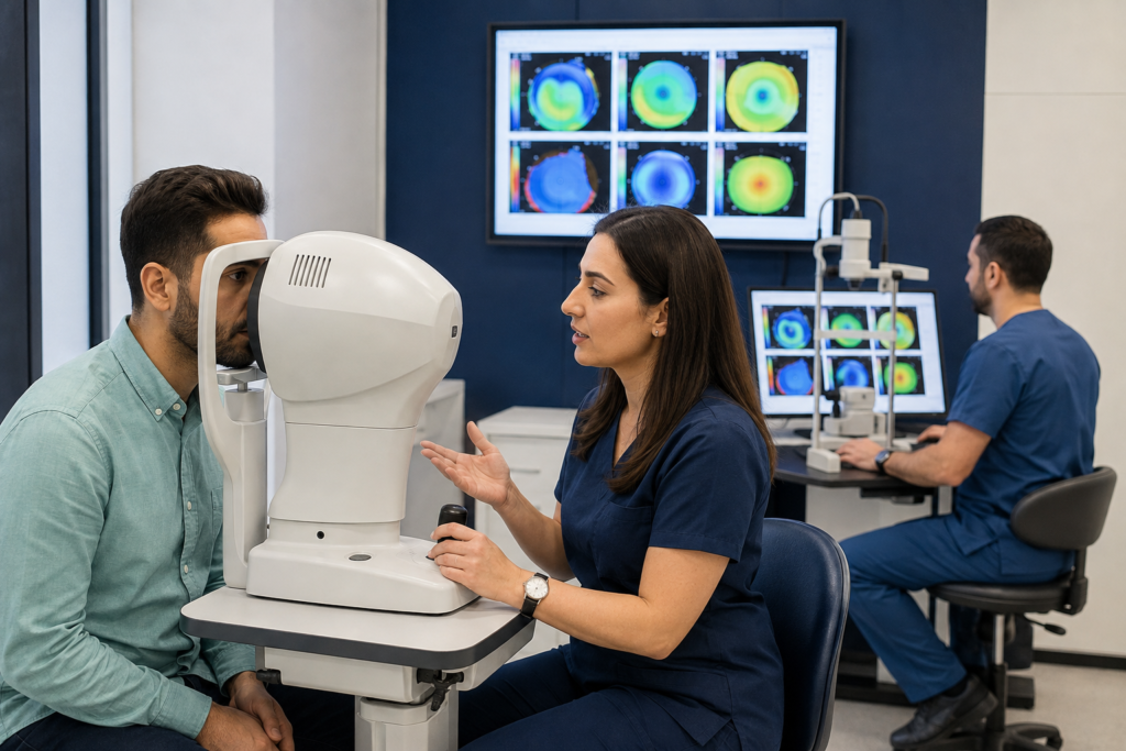 Laser Eye Surgery for HIV+ Patients in Turkey 2 Patient undergoing corneal topography assessment before laser eye surgery in Turkey
