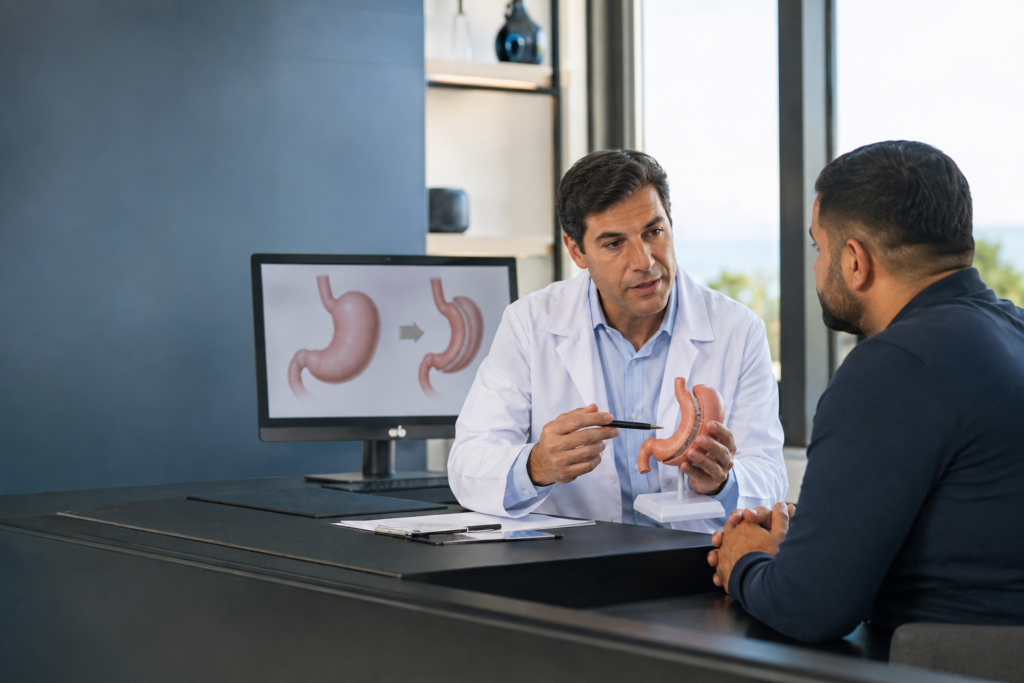 Bariatric specialist discussing gastric sleeve planning with an HIV-positive patient