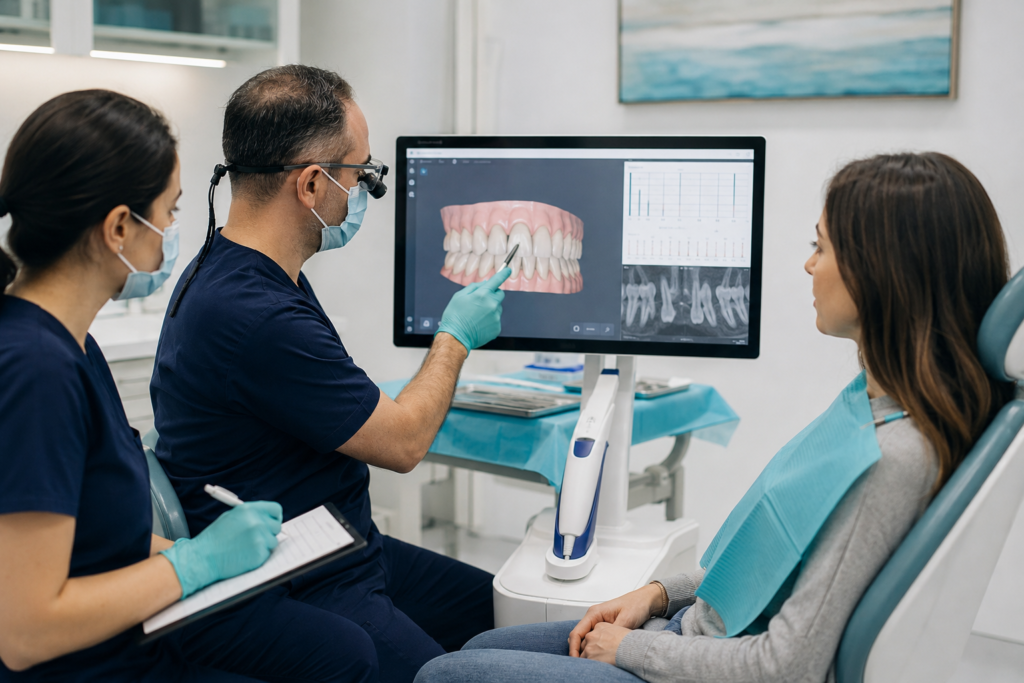 Dental specialists reviewing a digital periodontal assessment before gum-graft surgery