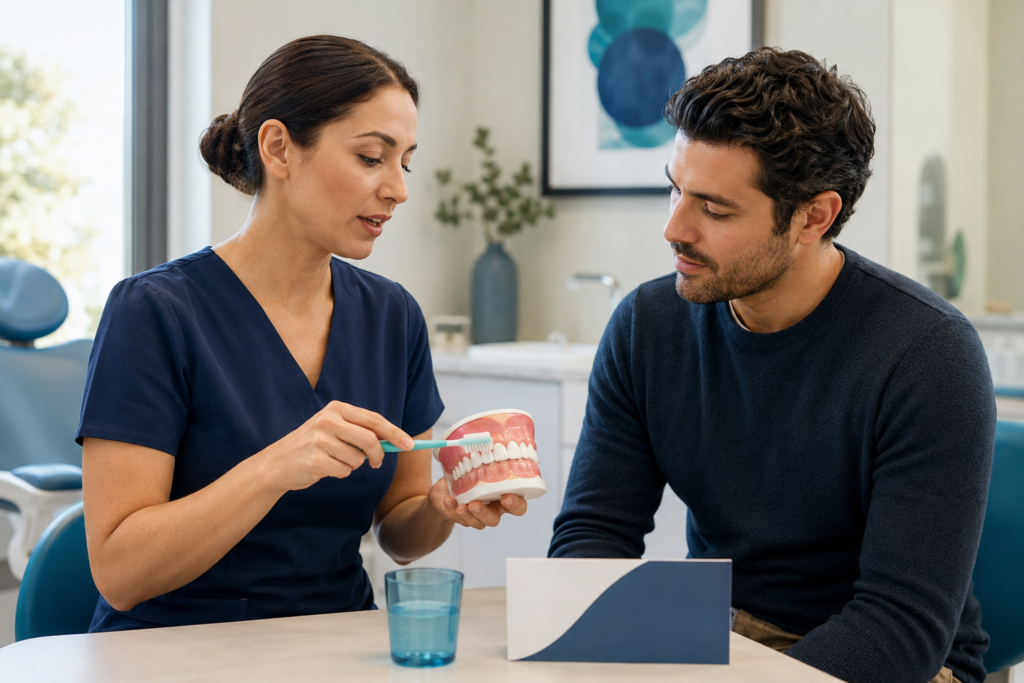 Dental professional demonstrating gentle oral care after periodontal surgery