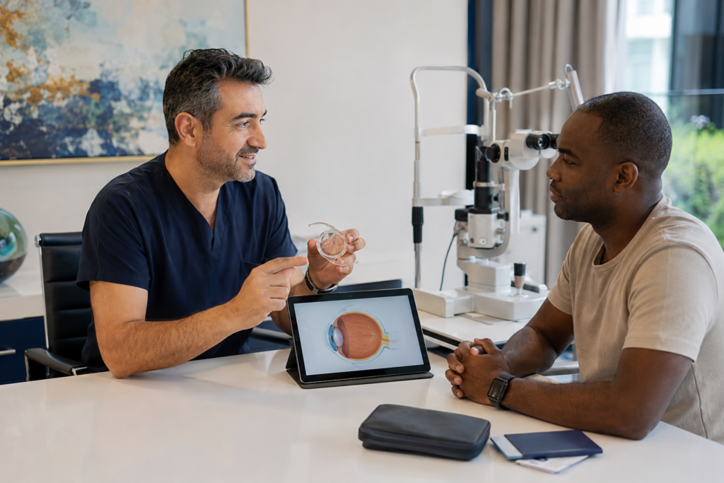 Laser Eye Surgery for HIV+ Patients in Turkey 3 Eye surgeon explaining intraocular lens options to an international patient