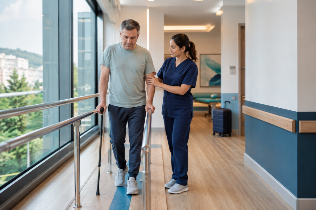 Patient completing supervised rehabilitation after joint replacement surgery in Turkey