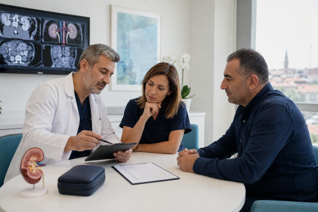 Multidisciplinary specialists reviewing a patient’s kidney transplant eligibility