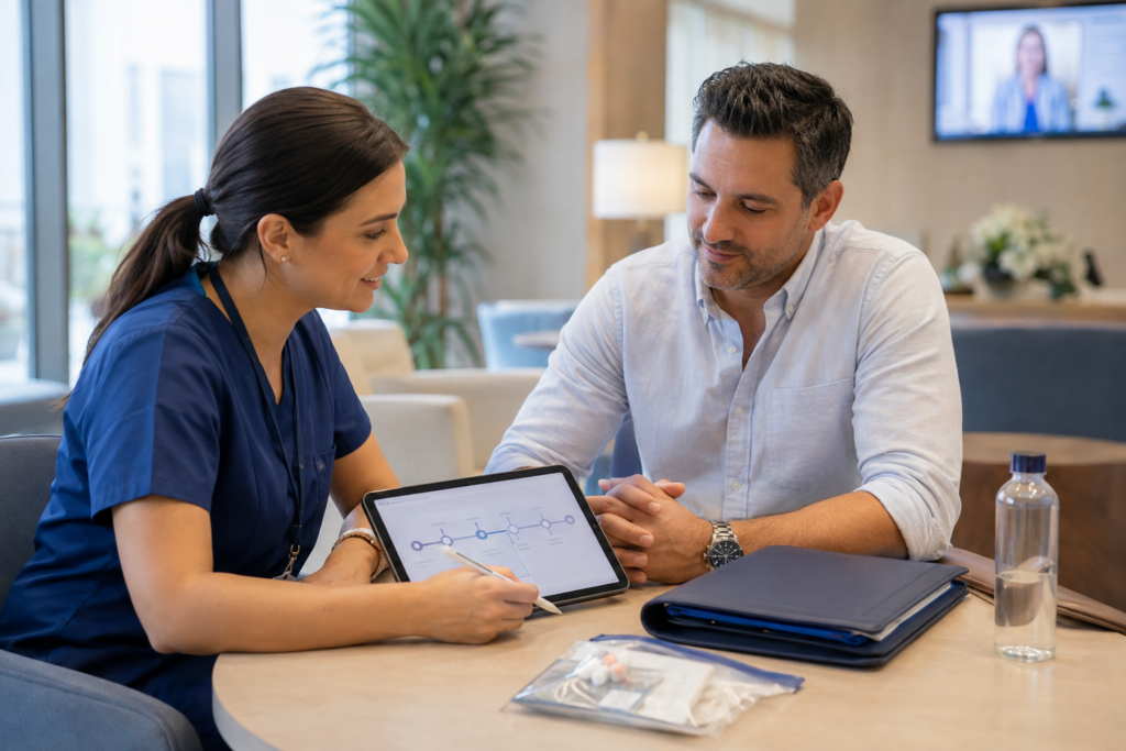 Multidisciplinary oncology team reviewing diagnostic scans and a patient’s treatment plan