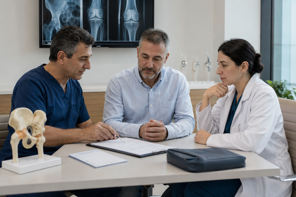 Multidisciplinary medical team reviewing a patient’s joint replacement eligibility
