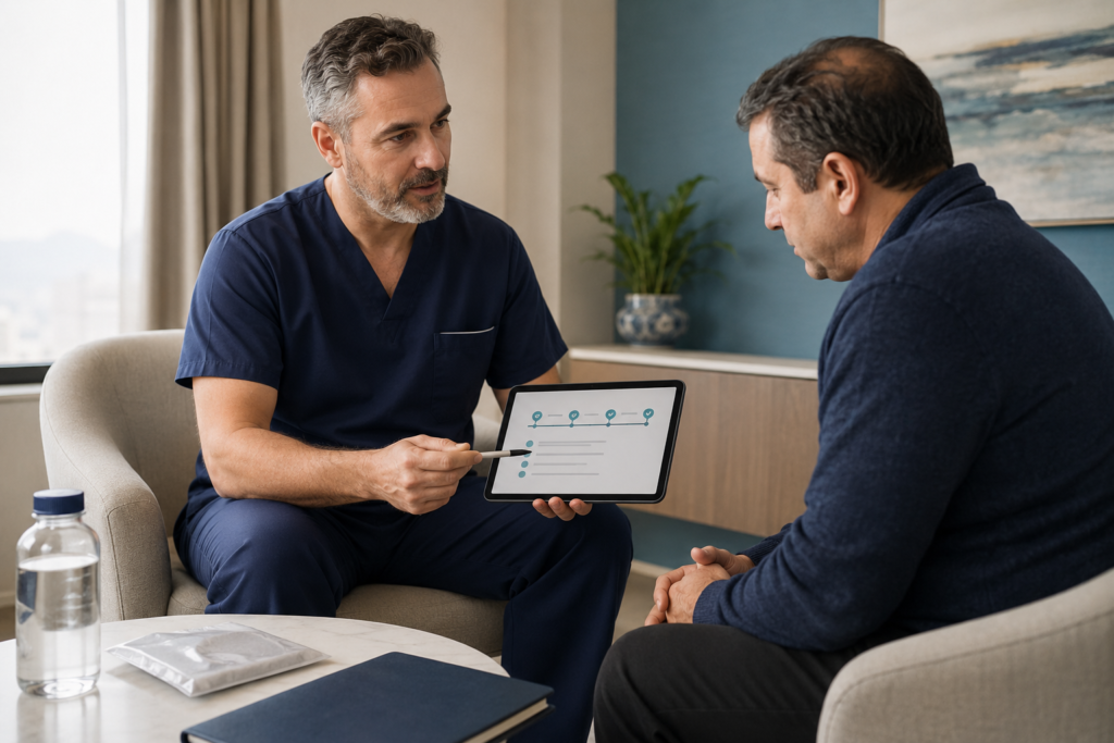 Urologist reviewing recovery milestones after penile implant surgery