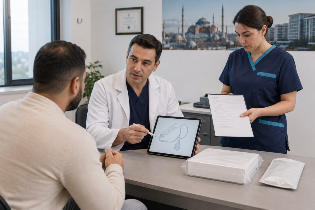 Urology team explaining penile implant selection and preoperative safety protocols