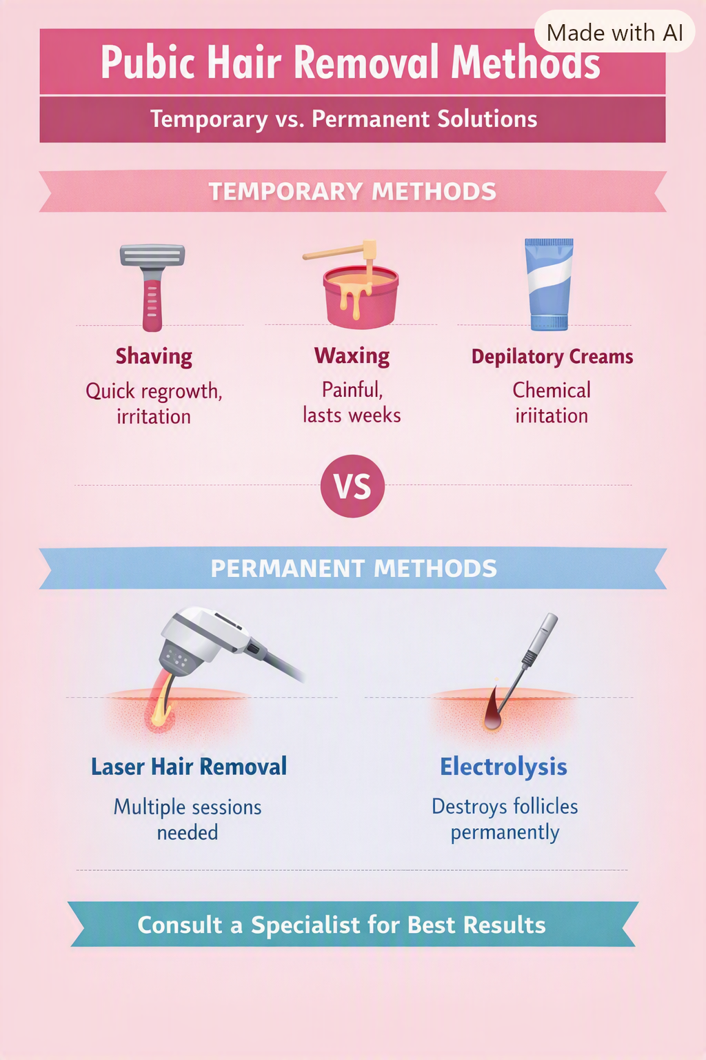 Vertical infographic comparing temporary and permanent pubic hair removal methods — shaving, waxing, depilatory creams vs. laser and electrolysis, designed by Cayra Clinic.
