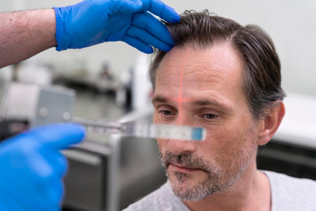 Second Hair Transplant in Turkey: How Many Grafts Are Left in Your Donor Area? 1 Specialized hair transplant surgeon evaluating scalp donor density under a trichoscope in an accredited Istanbul hospital
