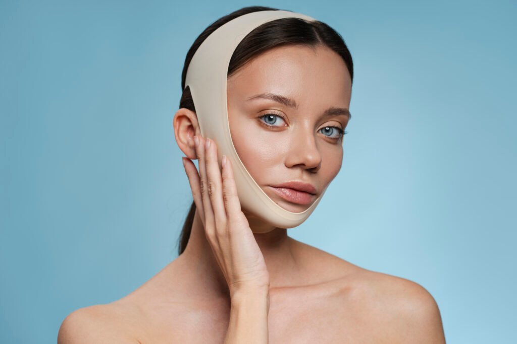 Mini Facelift Recovery: Week-by-Week (and When You Can Fly Home) 1 Patient wearing supportive compression garments during early facial surgery recovery